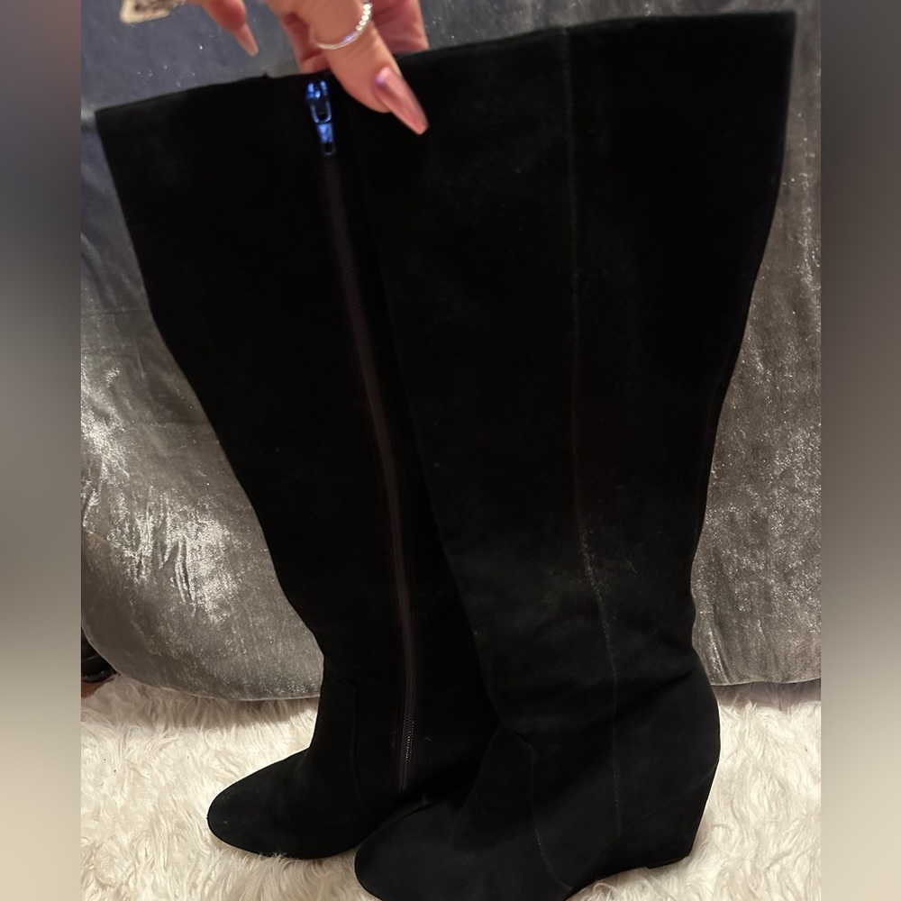 WHBM black suede, wedge boots.  Excellent condition!  Size 6 1/2.